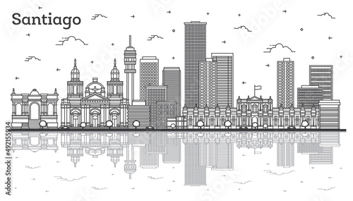 Outline Santiago Chile City Skyline with Modern Buildings and Reflections Isolated on White.