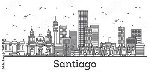 Outline Santiago Chile City Skyline with Modern and Historic Buildings Isolated on White.