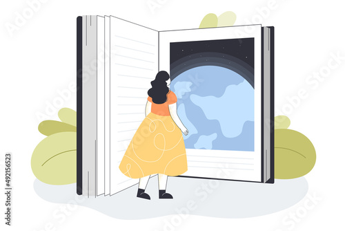 Female person standing in front of huge open book. Online library or business skills training flat vector illustration. Education, literature, global knowledge concept for banner, website design