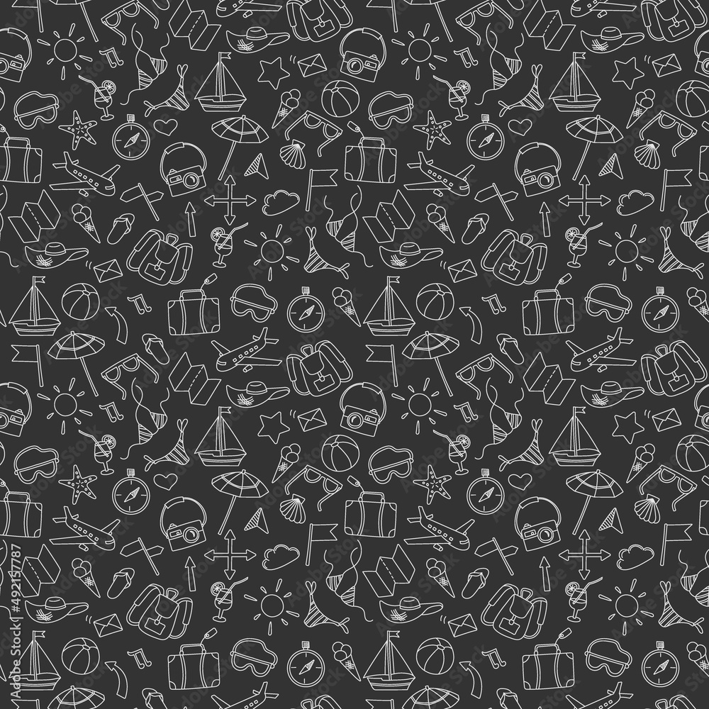 Seamless background with simple hand-drawn icons on the theme of summer and vacation, light outlines on a dark background Seamless background with simple hand-drawn icons on the theme of summer and vacation, light outlines on a dark background