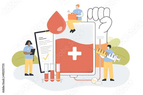 Tiny cartoon nurses with patient card and blood from donor. Blood transfusion for emergency, medical campaign or news flat vector illustration. Health, medicine concept for banner or landing web page