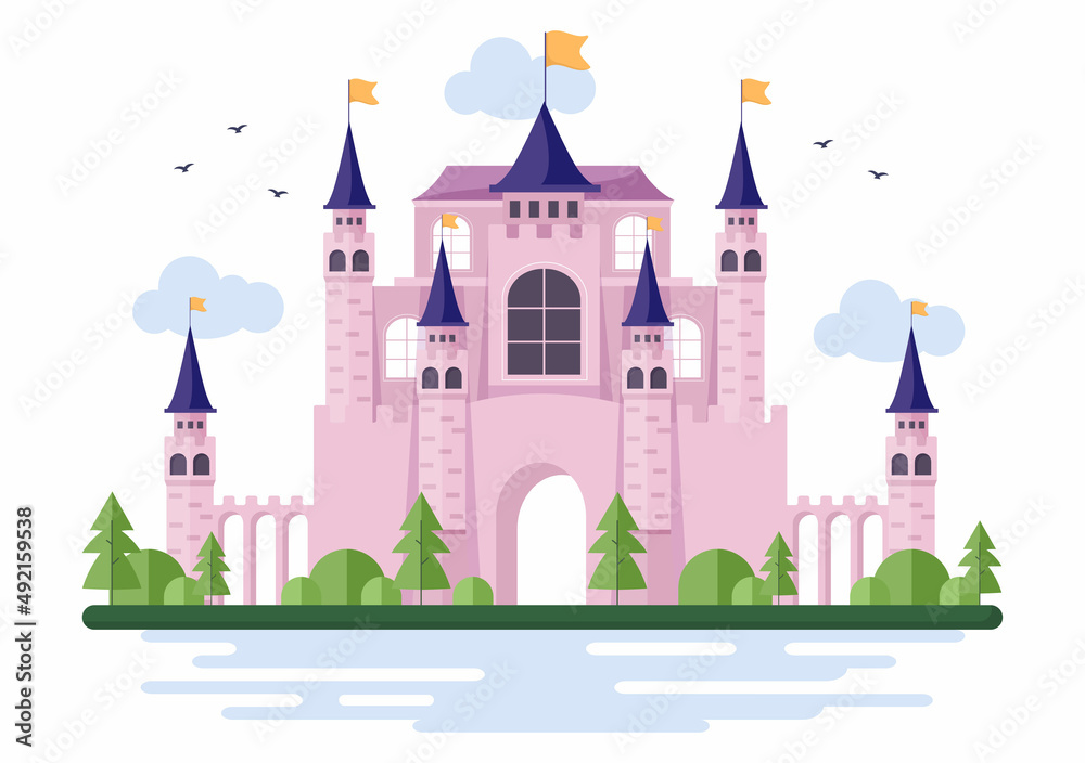 Castle with Majestic Palace Architecture and Fairytale Like Forest Scenery in Cartoon Flat Style Illustration