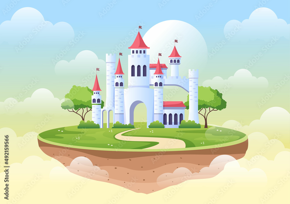 Naklejka premium Castle with Majestic Palace Architecture and Fairytale Like Forest Scenery in Cartoon Flat Style Illustration