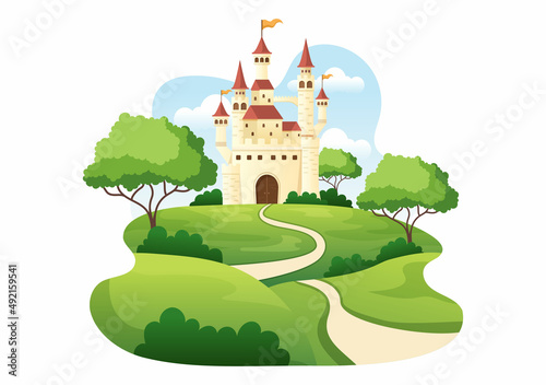 Castle with Majestic Palace Architecture and Fairytale Like Forest Scenery in Cartoon Flat Style Illustration