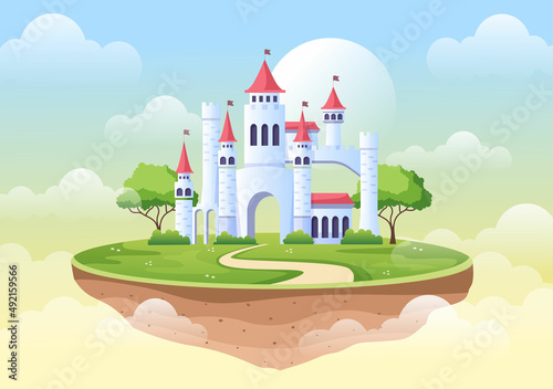 Castle with Majestic Palace Architecture and Fairytale Like Forest Scenery in Cartoon Flat Style Illustration
