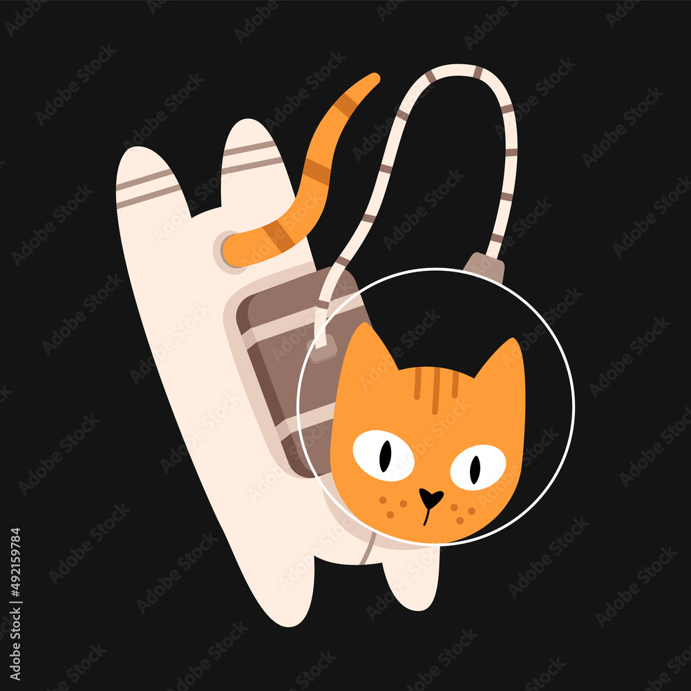 Obraz premium Vector cute cat in space. Cat astronaut in flat design. Funny animal flying in the galaxy.