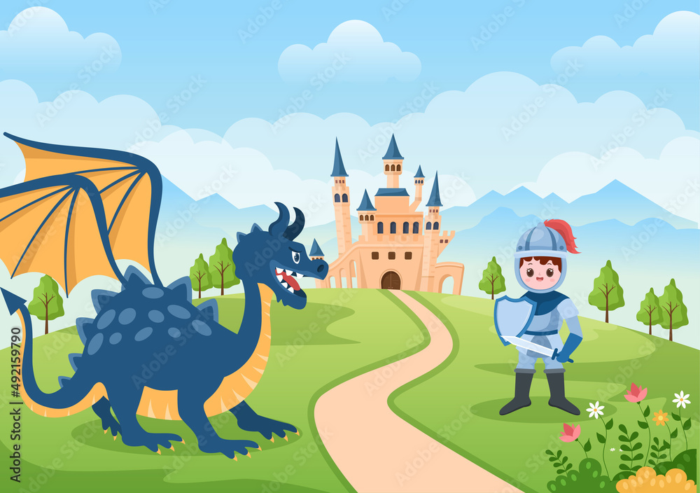 Obraz premium Prince, Queen and Knight with Dragon in Front of the Castle with Majestic Palace Architecture and Fairytale Like Forest Scenery in Cartoon Flat Style Illustration