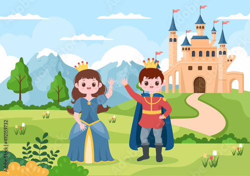 Prince and Queen in Front of the Castle with Majestic Palace Architecture and Fairytale Like Forest Scenery in Cartoon Flat Style Illustration