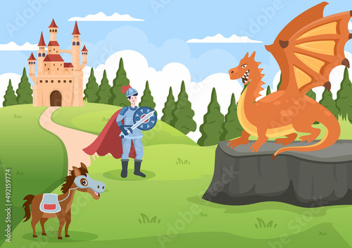 Prince  Queen and Knight with Dragon in Front of the Castle with Majestic Palace Architecture and Fairytale Like Forest Scenery in Cartoon Flat Style Illustration