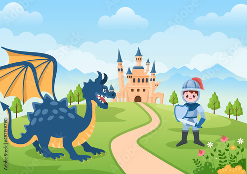 Prince, Queen and Knight with Dragon in Front of the Castle with Majestic Palace Architecture and Fairytale Like Forest Scenery in Cartoon Flat Style Illustration