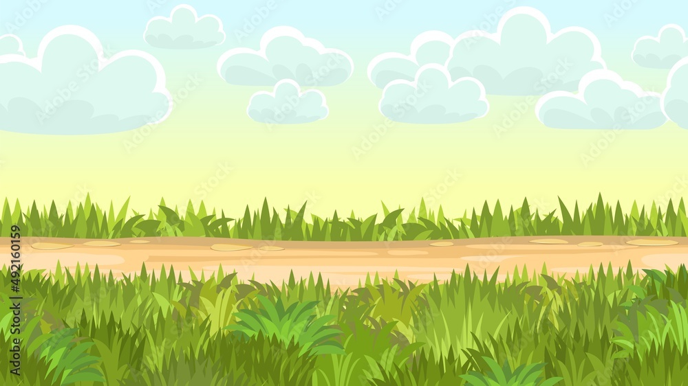 Seamless sandy road. Horizontal border composition. Summer meadow landscape. Juicy grass. Rural rustic scenery. Cartoon design. Flat style art illustration vector