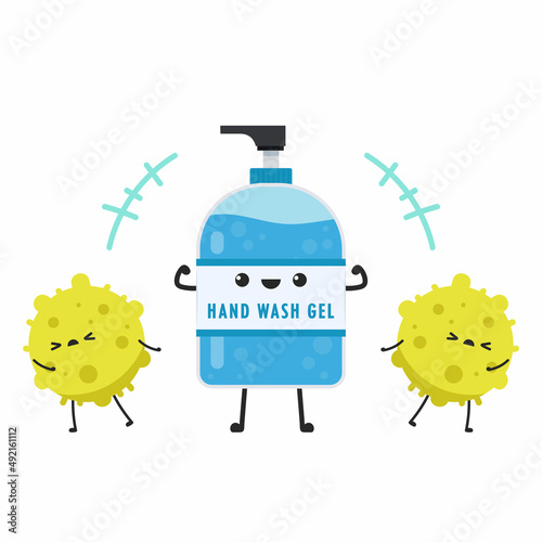 Hand wash gel vector. Hand wash gel character design. Hand wash gel and Bacteria vector.