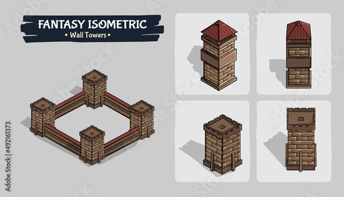 Wall Towers Fantasy game assets - Isometric Vector Illustration