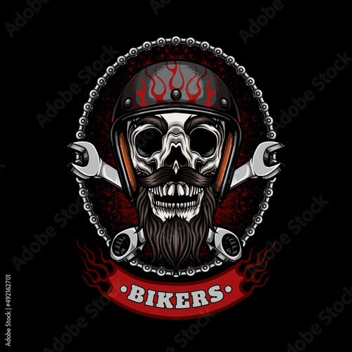 biker skull head with wrench vector illustration