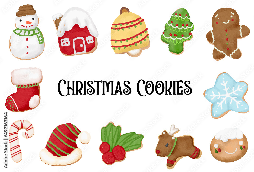 Hand drawn Christmas gingerbread cookies watercolor vector collection