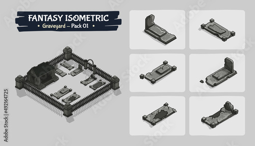 Isometric Graveyard Fences Fantasy game assets - Vector Illustration