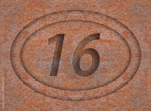 Abstract 3D illustration of No 16 shadowed in rust.
