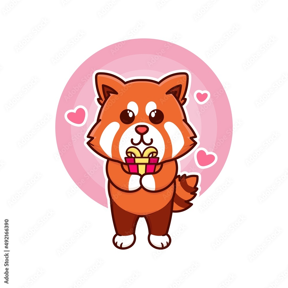 happy red panda and gift box birthday adorable cartoon doodle vector illustration flat design style happy red panda and gift box birthday adorable cartoon doodle vector illustration flat design style
