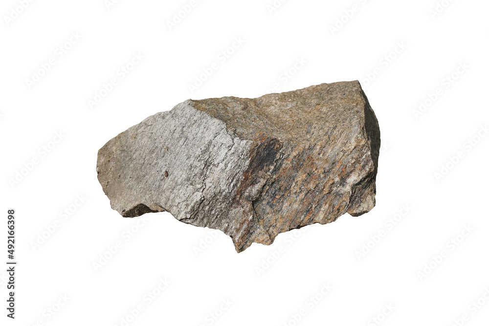Isolated raw specimen of gneiss metamorphic rock stone of Pre Cambrian Rocks on white background.