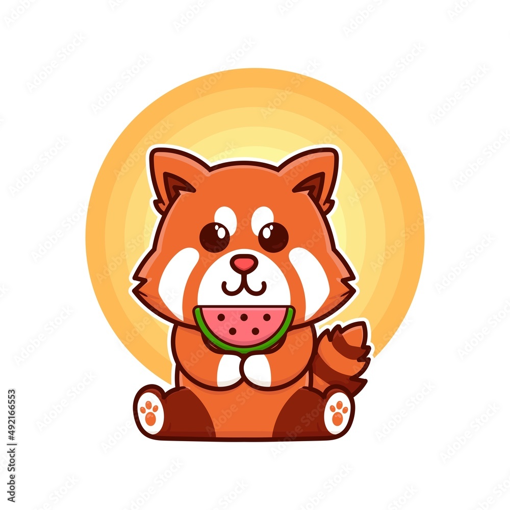 happy red panda eat watermelon fruit adorable cartoon doodle vector illustration flat design style happy red panda eat watermelon fruit adorable cartoon doodle vector illustration flat design style