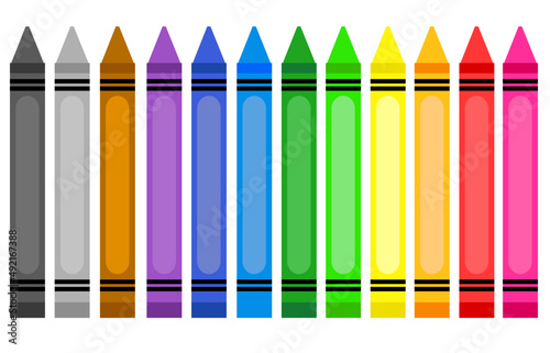 Set of colorful wax crayons.Color pencils isolated on white background.Kindergarten, preschool and kids concept.Cartoon vector illustration. Back to school. Sign, symbol, icon or logo isolated.