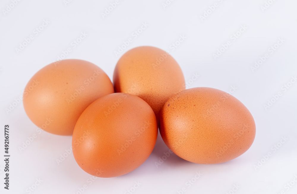 four eggs are placed on a white background with free space on right four eggs are placed on a white background with free space on right
