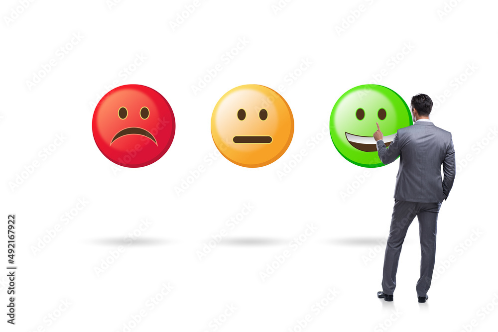 Illustration of customer feedback with faces and businessman Illustration of customer feedback with faces and businessman