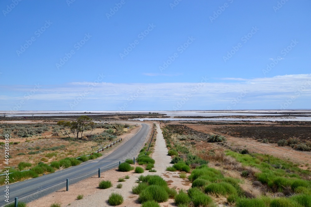 Road into salt pan at Lake Tyrrell National Park in outback Australia
