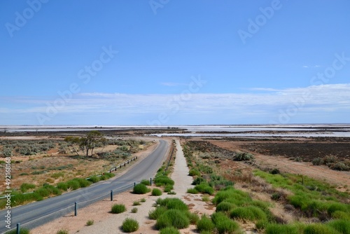 Road into salt pan at Lake Tyrrell National Park in outback Australia