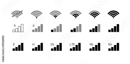 Mobile phone connection level icons. No signal, bad, lte, 3g,4g and 5g network status icon set isolated on white background