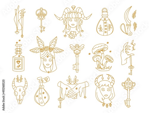 Mystic astrology icons. Hand drawn magic tarot signs, esoteric cult fairy design. Vector abstract zodiac symbols set