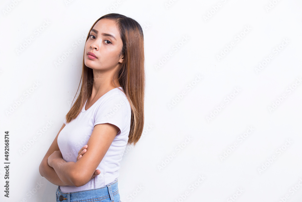 portrait of beautiful young asian woman with clean and fresh hair isolated on white background
