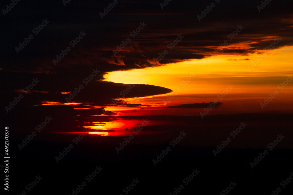 Obraz premium Mountains in clouds at sunrise in summer. Aerial view of mountain peak in fog. Beautiful landscape with high rocks, forest, sky. Top view from drone of mountain valley in low clouds. Foggy hills 