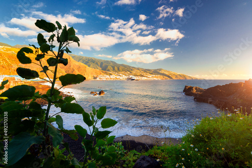View of Santa Cruz de La Palma city from a small volcanic beach in Breña Baja town (La Palma, Canary Islands, Spain)
