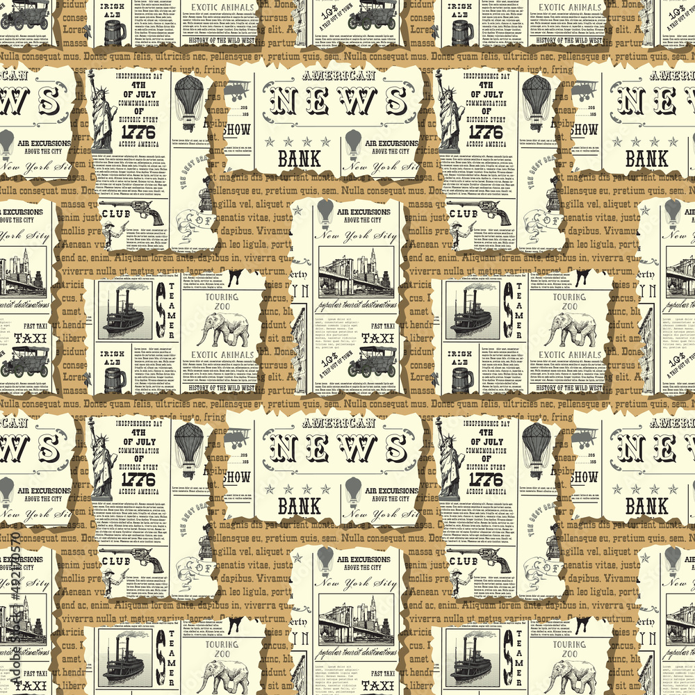 vector image of a seamless texture for fabric and paper, vintage newspaper clippings, text Lorem ipsum	