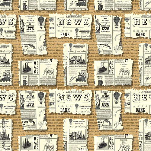 vector image of a seamless texture for fabric and paper, vintage newspaper clippings, text Lorem ipsum 