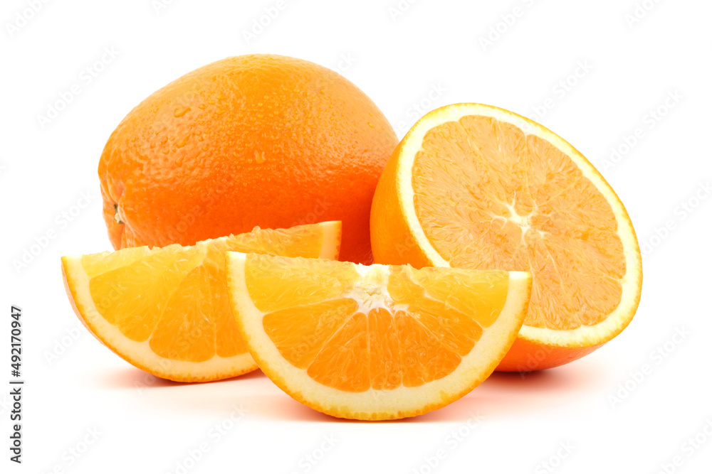 Fototapeta premium Whole orange fruit and his segments or cantles isolated on white background cu