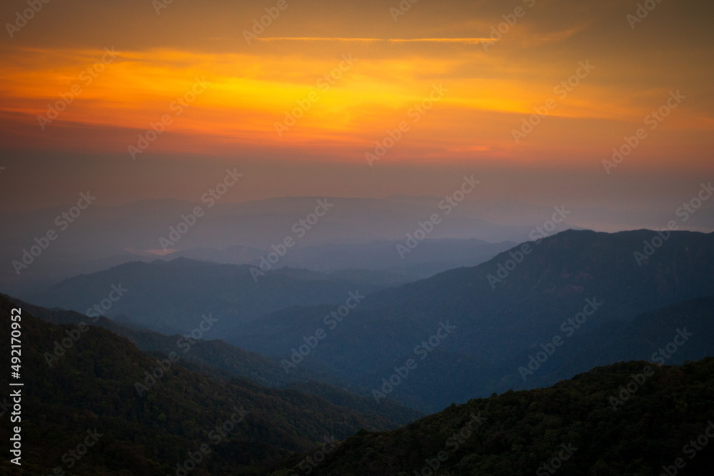 Mountains in clouds at sunrise in summer. Aerial view of mountain peak in fog. Beautiful landscape with high rocks, forest, sky. Top view from drone of mountain valley in low clouds. Foggy hills Mountains in clouds at sunrise in summer. Aerial view of mountain peak in fog. Beautiful landscape with high rocks, forest, sky. Top view from drone of mountain valley in low clouds. Foggy hills