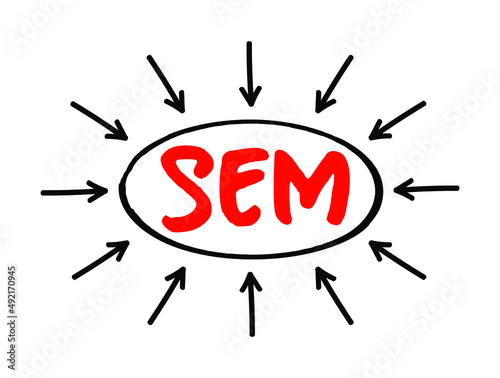 SEM Search Engine Marketing - Internet marketing that involves the promotion of websites by increasing their visibility in search engine results pages, acronym text with arrows