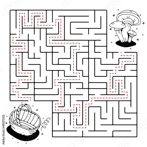Maze game. Collect mushrooms in a basket. Funny labyrinth for kids. Vector illustration. 