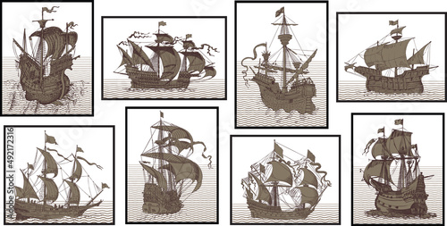 vector set of vintage ships in the style of medieval engraving