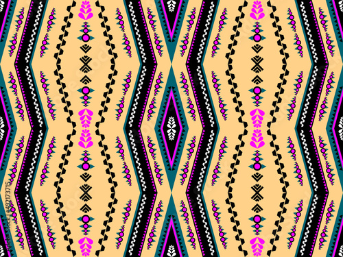Ethnic pattern Seamless Texture Yellow background, black, green, pink, zigzag lines, water droplets, geometric shapes