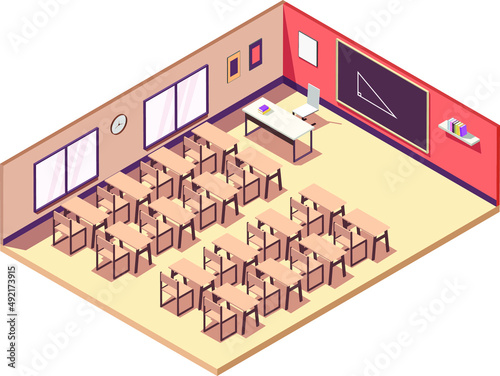 Isometric 3D vector illustration Interior class room for study, a classroom with school desks, chairs, blackboard and book. 3d suburban isometric illustration. Isolated on white vector