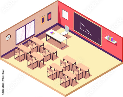 small Isometric 3D vector illustration Interior class room for study, a classroom with school desks, chairs, blackboard and book. 3d suburban isometric illustration. Isolated on white vector