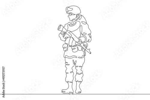 One continuous line.Russian warrior on the attack. Modern Russian military man in combat gear. Soldier with weapons and helmet.Continuous line drawing.Line Art isolated white background.