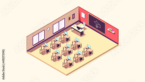 Isometric Computer Classroom with computer desk and black board. Vector illustration. 3d suburban isometric illustration. Isolated vector