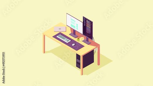 Web Development concept, programming and coding.computer setup.3d suburban isometric illustration.Isolated vector
