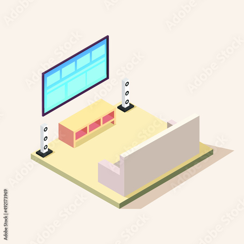 isometric home with tv, furniture, sofa. 3d suburban isometric illustration. Isolated on white vector