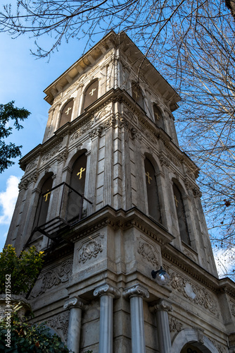 belfry of the Hagios Georgios Greek Orthodox Church in Kuzguncuk District of Istanbul, Turkey. Camapanile or steeple.