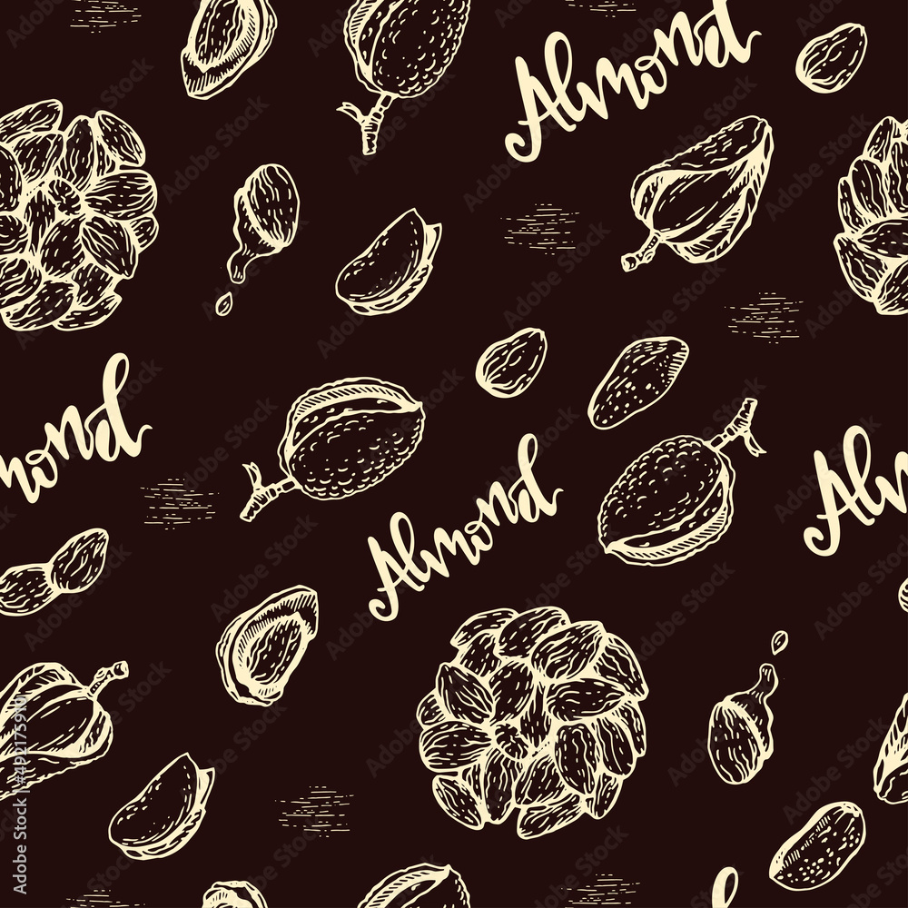 Seamless Pattern with Almond kernels of nuts. Seamless Pattern with Almond kernels of nuts.
